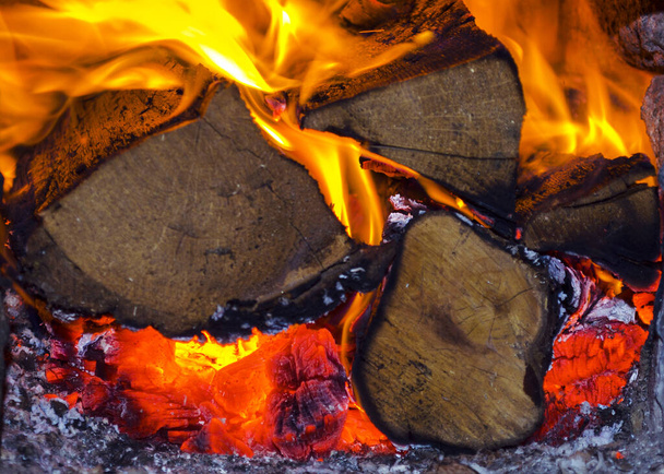 Burning firewood, fire in the fireplace close up - Fotografie, Obrázek