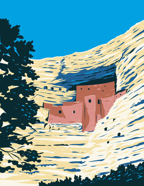 Плакат WPA о доколумбовых жилищах в Национальном памятнике замка Монтесума, расположенный в Кэмп-Верде, Аризона, США, выполненный в стиле администрирования работ. - Вектор,изображение