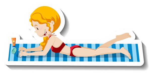 Dziewczyna leżąca na plaży Mata naklejki kreskówki ilustracja - Wektor, obraz