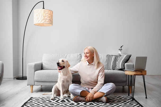 Ώριμη γυναίκα με χαριτωμένο Λαμπραντόρ σκυλί κοντά στον καναπέ στο σπίτι - Φωτογραφία, εικόνα