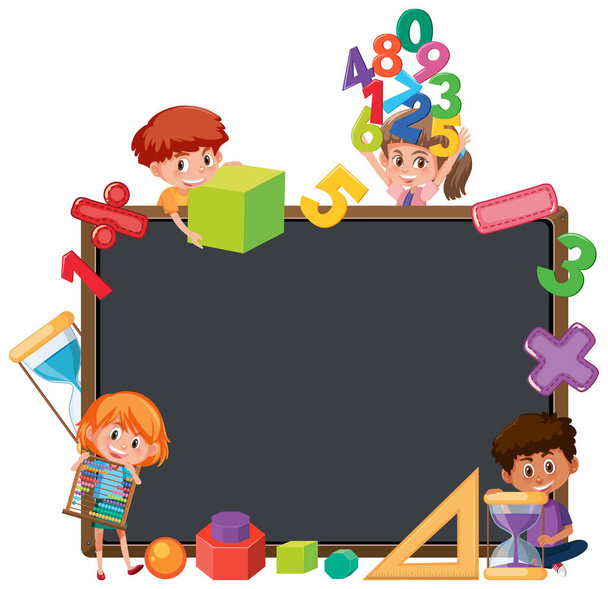 Leere Tafel mit Schulkindern und Mathe-Objekten - Vektor, Bild