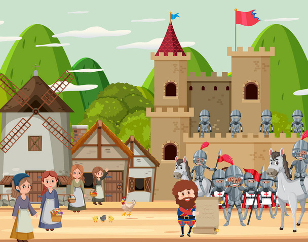 Medieval town scene with villagers illustration - Vector, Image