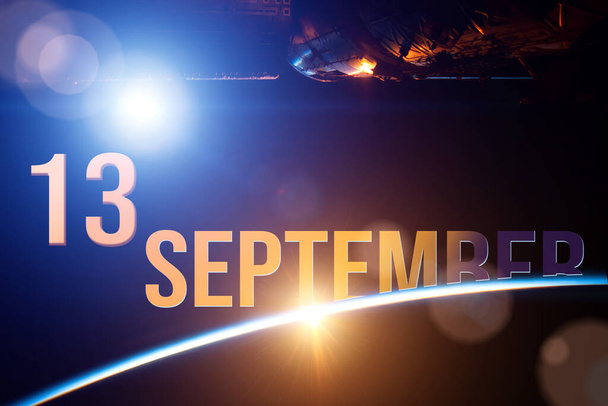 13. září. 13. den v měsíci, kalendářní datum. Vesmírná loď poblíž planety Země s východem slunce a kalendářním dnem. Prvky tohoto obrazu poskytla NASA. Podzimní měsíc, den koncepce roku - Fotografie, Obrázek