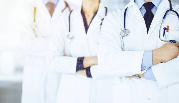 Group of modern doctors standing as a team with crossed arms and stethoscopes in a sunny hospital office. Physicians ready to examine and help patients. Medical help, insurance in health care, best - Foto, Imagem