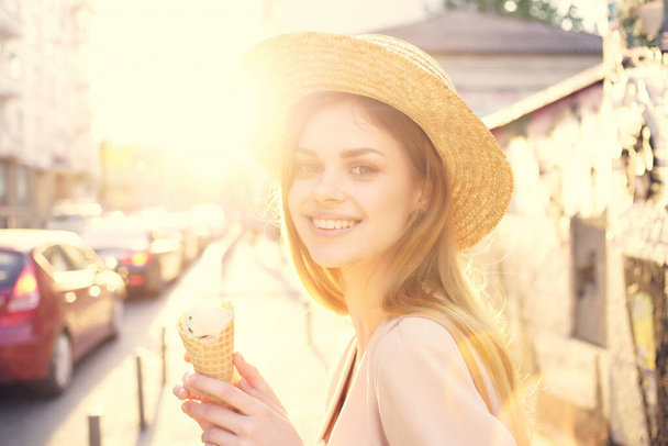 attractive woman outdoor walk eat ice cream walk travel model - Fotó, kép