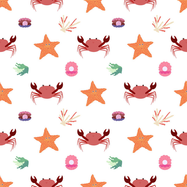 Sea animal seamless pattern with crab and starfish, seashell with pearl, coral. Undersea world habitants print. - Vector, Image