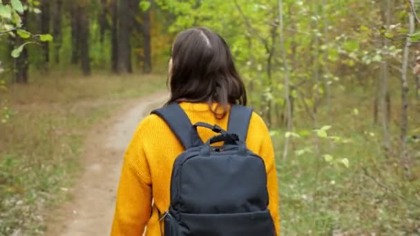 Vrouw met rugzak in oranje trui wandelt door bos - Video