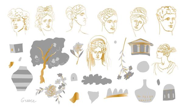 Vektorkészlet illusztrációk ókori Görögország lapos stílusban szürke színű átlátszó háttérrel. Aranyos, antik klip művészet kézi rajz.Design matricák, közösségi média, csomagolás, web, képeslapok, plakátok. - Vektor, kép