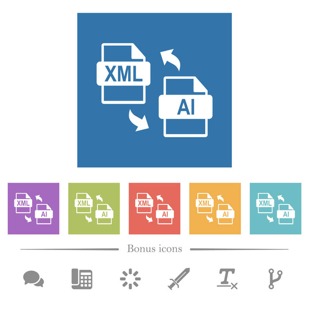 XML-KI-Dateikonvertierung flache weiße Symbole in quadratischen Hintergründen. 6 Bonussymbole enthalten. - Vektor, Bild