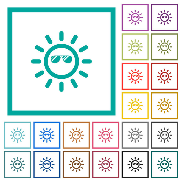 Солнце в глянцевых солнцезащитных очках плоские иконки цвета с квадратными рамками на белом фоне - Вектор,изображение
