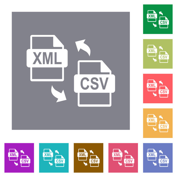 XML-CSV-Dateikonvertierung flache Symbole auf einfachen quadratischen Farbhintergründen - Vektor, Bild