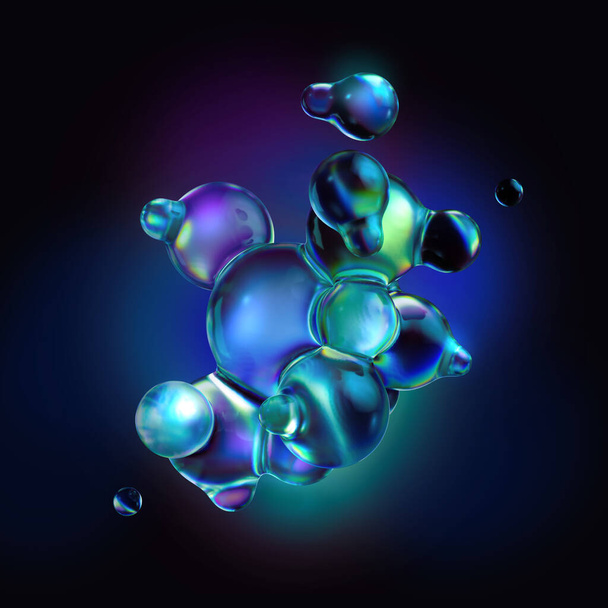 3d render, abstract background with blue green luminescent bubbles glowing in ultraviolet neon light, scientific macro - Φωτογραφία, εικόνα