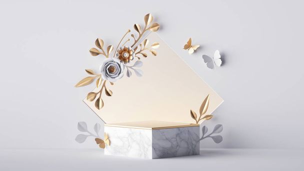 3d render, empty stage with square frame decorated with gold and white paper flowers, isolated on white background. Showcase with blank podium and floral arrangement, commercial product display mockup - Photo, image