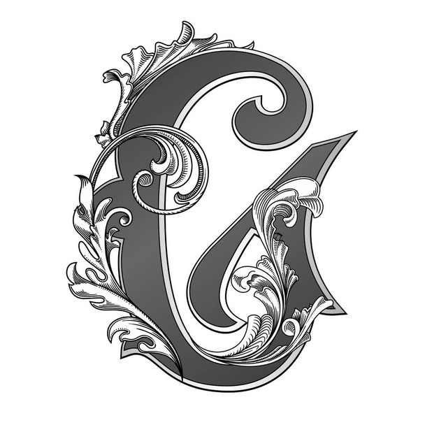 Vector illustration of the uppercase letter with decorations isolated on white background.Elegant antique Letter G  with baroque ornamentation. Elegant black capital letter to use monograms, logos, emblems - Vektor, kép