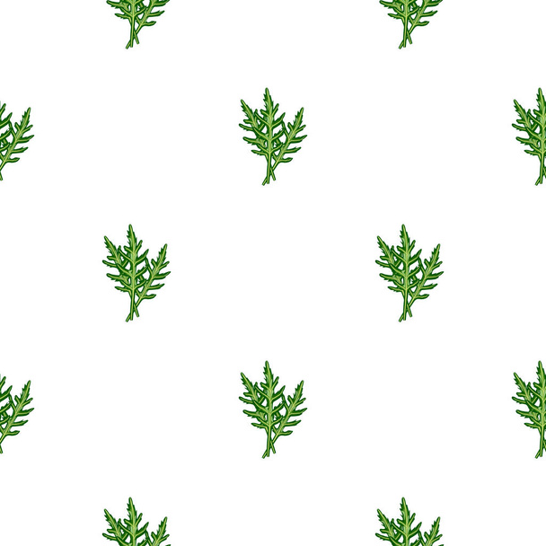Seamless pattern bunch arugula salad on white background. Simple ornament with lettuce. Geometric plant template for fabric. Design vector illustration. - Vector, Image