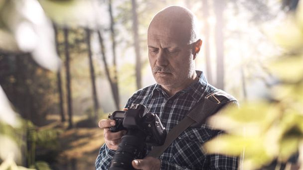 Fotografo professionista di fauna selvatica che esplora una foresta, sta controllando le impostazioni della fotocamera - Foto, immagini