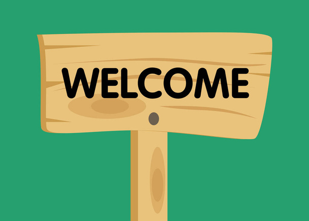 Welcome text on Wooden sign. Cartoon vector illustration. - Vector, Image