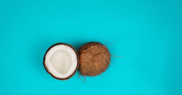 halves of fresh coconut on blue background. Banner. - Photo, Image