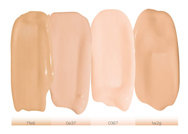 Color Liquid Foundation Smudges Косметичний консервант. Brown Female Swatch Догляд за шкірою. Фундація Smudges. - Вектор, зображення