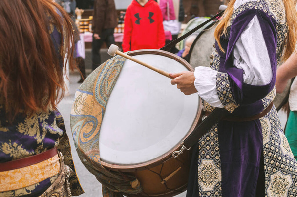 Close-up view musical instruments drum and tambourine - Foto, Bild