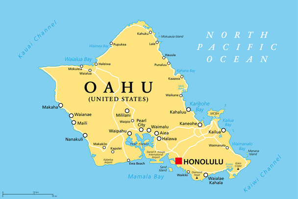 Oahu, Hawaï, carte politique avec la capitale Honolulu. Partie des îles Hawaii et Hawaii, un état des États-Unis dans l'océan Pacifique Nord. Connu sous le nom de The Gathering Place. Illustration. Vecteur. - Vecteur, image