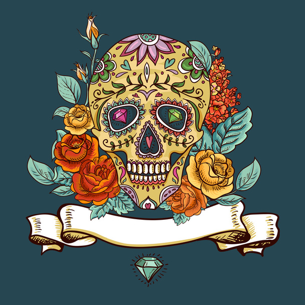 Skull and Flowers Day of The Dead - Vector, Image