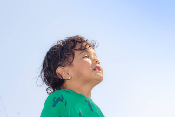 Hindistan 'ın yeşil tişörtlü, gökyüzünün önünde poz veren Hintli bir çocuğun yakın plan portresi. - Fotoğraf, Görsel