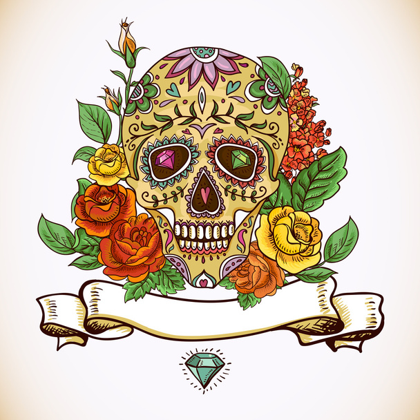 Skull and Flowers Day of The Dead - Vector, Image