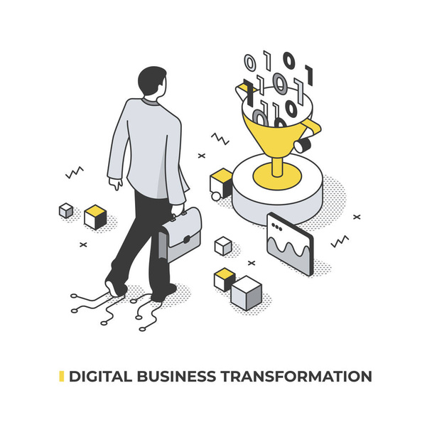 Digitale transformatie in het bedrijfsleven. Zakenman met een aktetas beweegt vol vertrouwen naar een digitale toekomst. Vector isometrische illustratie - Vector, afbeelding