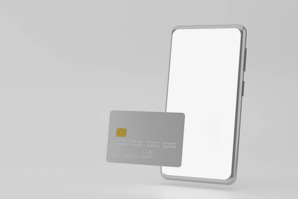 Smartphone with empty screen and credit card on gray background. 3D render with mobile phone and bank plastic card. Online shopping and digital payment - Photo, Image