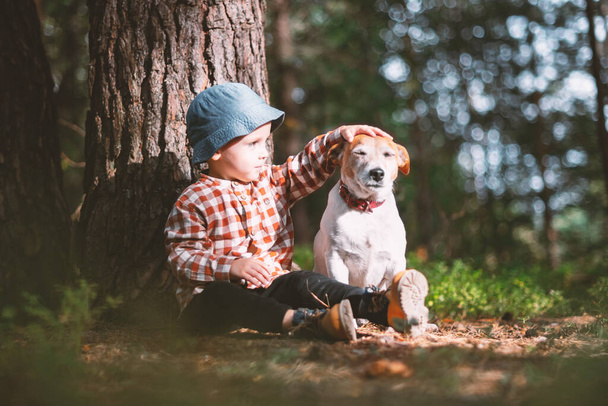 Small kid in blue cap with white dog - Foto, Imagem