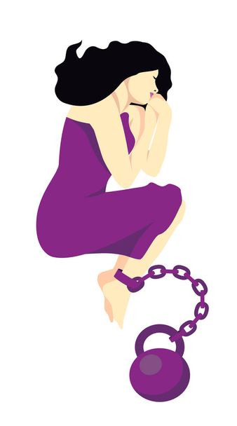 A young woman or girl lies in a purple dress chained to a weight. The concept of psychological slavery, abuse, victims of narcissism, difficult memories of the past, lack of freedom, complex post-traumatic disorder.  - Photo, Image