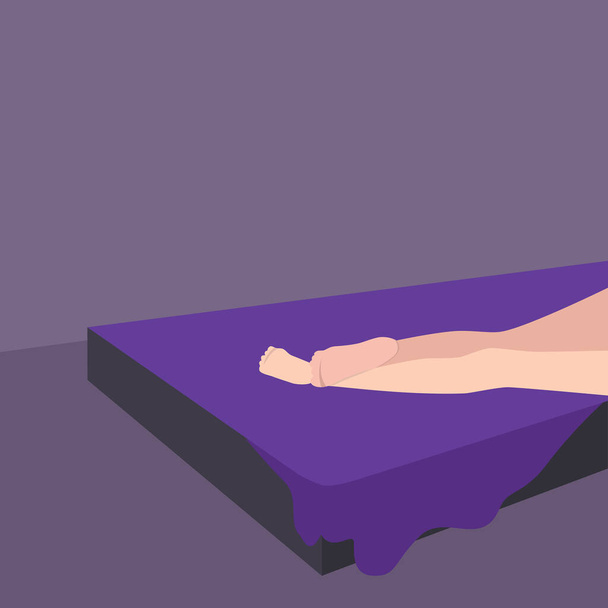 Piernas largas y delgadas de una niña o mujer en posición horizontal sobre una cama púrpura en una habitación púrpura. El concepto de víctima del narcisismo. Día Mundial de Concientización sobre el Abuso Narcisista. Lugar para su texto.  - Foto, Imagen