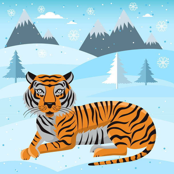 Illustrazione vettoriale della tigre Amur sullo sfondo di un paesaggio innevato invernale in lontananza, alberi e montagne. Anno della tigre secondo il calendario lunare orientale. Cartolina, deglutizione, poster felice anno nuovo. - Vettoriali, immagini