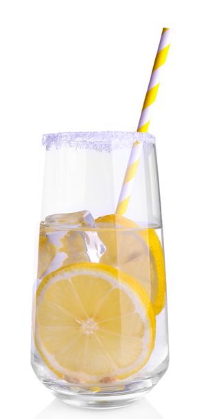 Glass of water with lemon on white background isolated - Фото, зображення