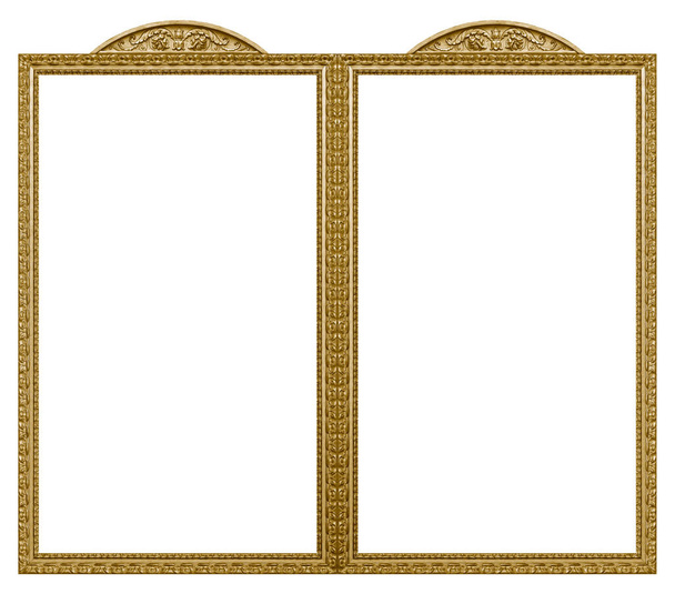 Doble marco dorado (díptico) para pinturas, espejos o fotos aisladas sobre fondo blanco. Elemento de diseño con ruta de recorte - Foto, imagen