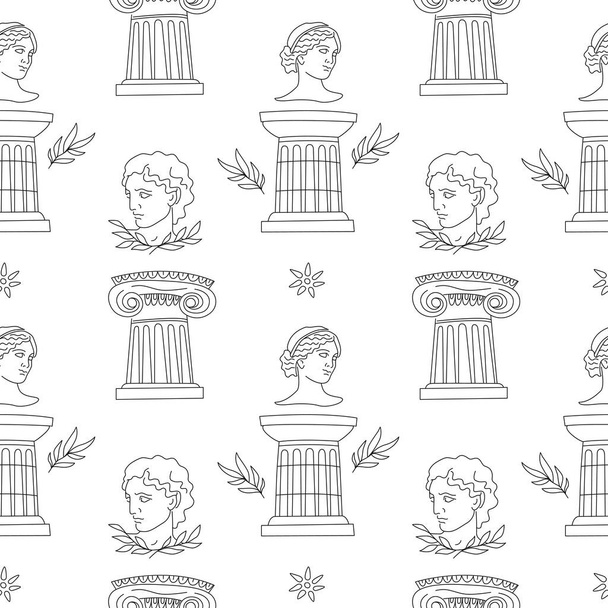 古代ギリシャの要素、葉、彫刻の図面、白い背景に隔離された列と手描きのシームレスなパターン。ベクトルアウトライン図。テキスタイル、ラッピング、壁紙、ファブリックのためのデザイン - ベクター画像