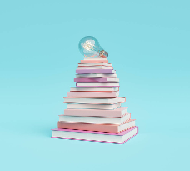 pirámide de libros con bombilla en la parte superior. concepto de educación, estudio y éxito. renderizado 3d - Foto, Imagen