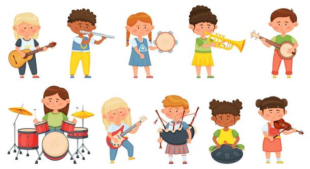 Enfants jouant des instruments de musique, les enfants orchestre passe-temps de musique. Mignons garçons et filles musiciens jouant à la guitare, batterie, jeu de vecteur de violon - Vecteur, image