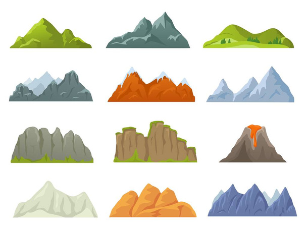 Cima de montaña rocosa de dibujos animados, pico nevado, acantilado de piedra. Montañas crestas en varias formas, volcán, cañón, paisaje naturaleza elemento vector conjunto - Vector, imagen