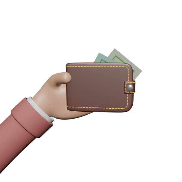 Braune Brieftasche mit Papiergeld in der Hand. Das Konzept der Online-Zahlungen. Ein isoliertes Bild. 3D-Rendering - Foto, Bild