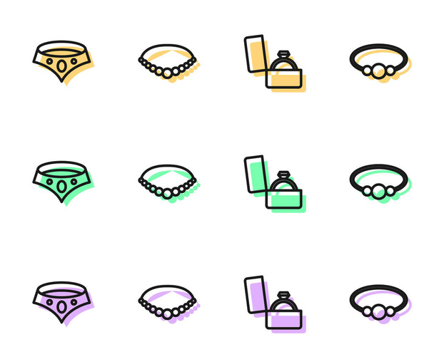Set line Diamond zásnubní prsten v krabici, náhrdelník, Pearl náhrdelník a náramek šperky ikona. Vektor - Vektor, obrázek
