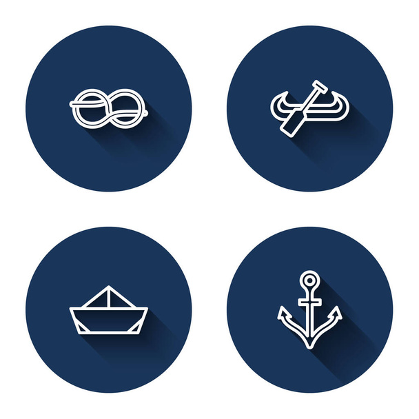 Set line Nautical rope knots, Kayak and paddle, Folded paper boat and Anchor with long shadow. Blue circle button. Vector - Vetor, Imagem