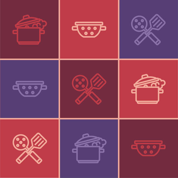 Set line Cooking pot, Spatula and Kitchen colander icon. Vector - Vector, Image