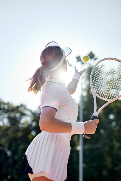 Backhand. Beautiful, well-developed, professional movement of female tennis player - Zdjęcie, obraz