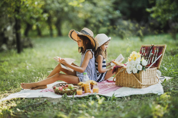 Deux jolies sœurs lisant des livres dans la nature et profitant d'une journée de pique-nique. - Photo, image