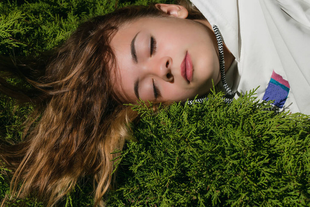 A young girl is sleeping on the branches of green coniferous trees - Foto, immagini