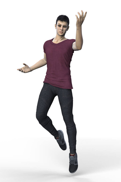 Handsome man wearing jeans and a t shirt in a levitating urban fantasy mage or wizard pose. Isolated on a white background and rendered in a softer style suited to illustration work. - Foto, Imagen