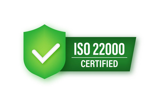 ISO 22000 Icono de neón con placa certificada. Sello de certificación. - Vector, Imagen