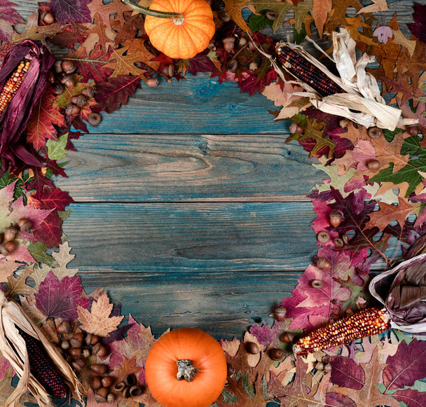 Vista aerea di un cerchio completo zucche reali, ghiande e foglie di fogliame colorate su tavole di legno blu intemperie per la stagione delle vacanze autunnali di Halloween o dello sfondo del Ringraziamento - Foto, immagini